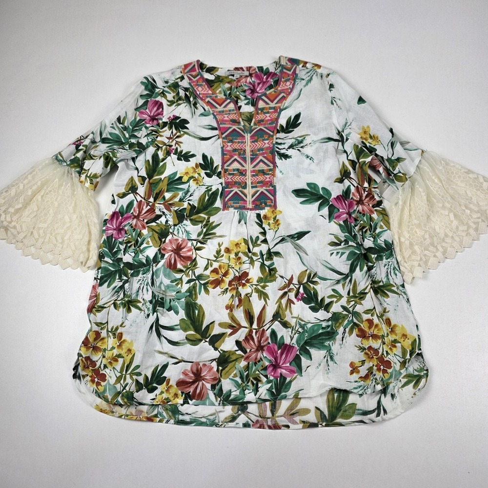 John Mark Shirt Womens Large Multicolor Floral Linen Lace Bell Sleeve Tunic